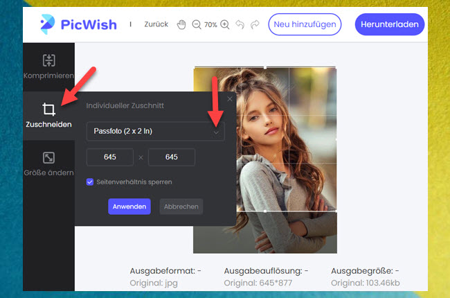 Bilder auf PicWish auf 2x2 Zoll zuschneiden