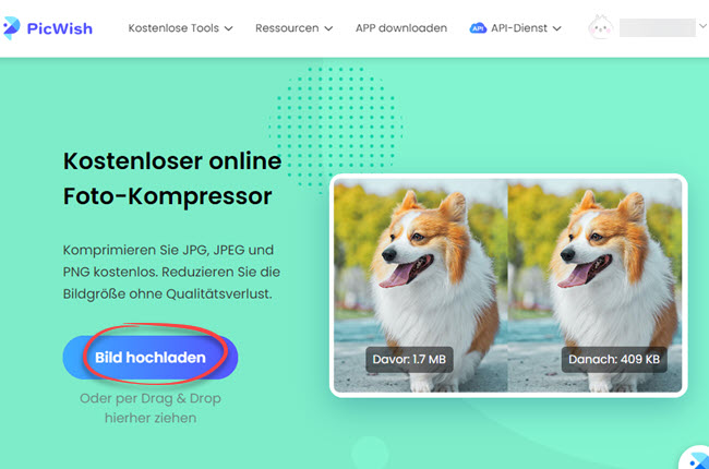 Bilder auf PicWish Foto-Kompressor hochladen