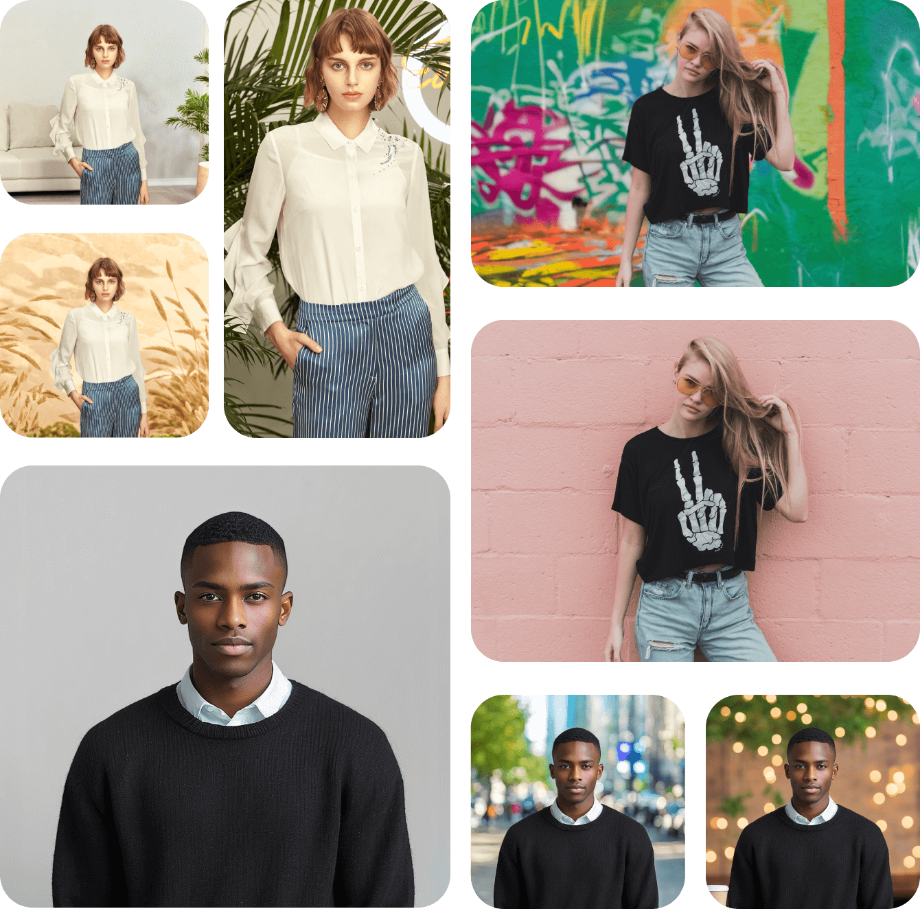 Models in various outfits with different backgrounds
