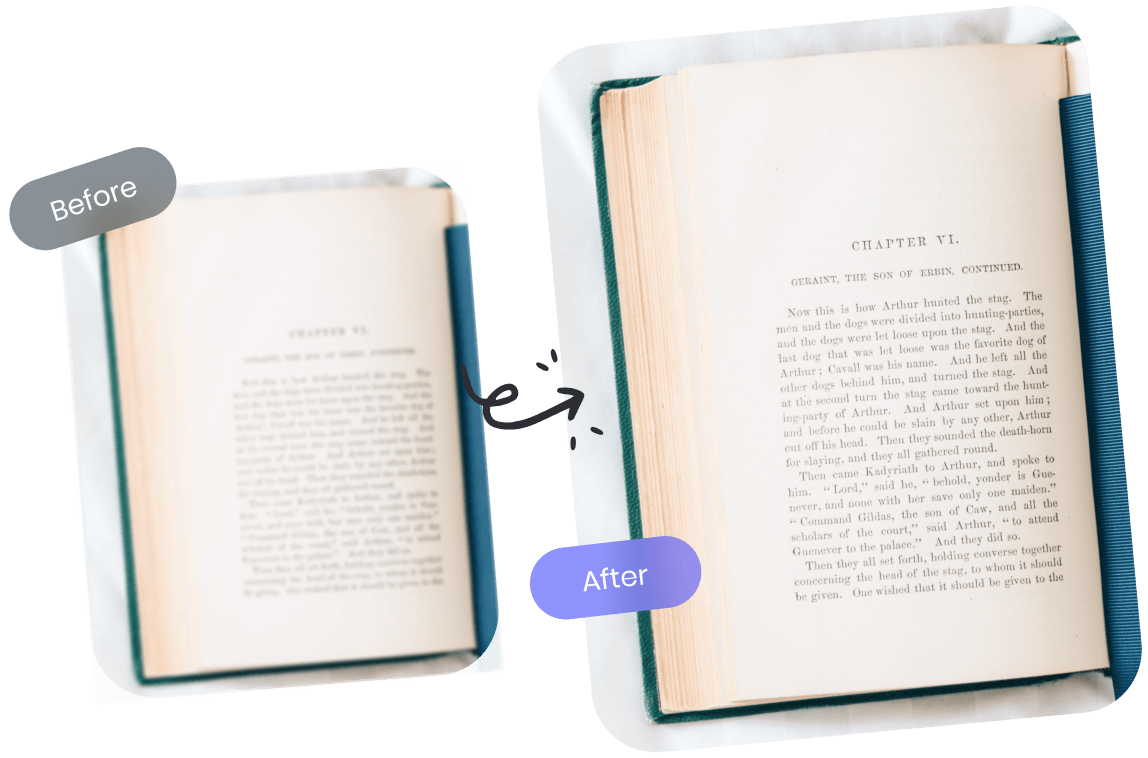 Photograph of the same old book with a revitalized and clear page, labeled 'After,' demonstrating improved text clarity.