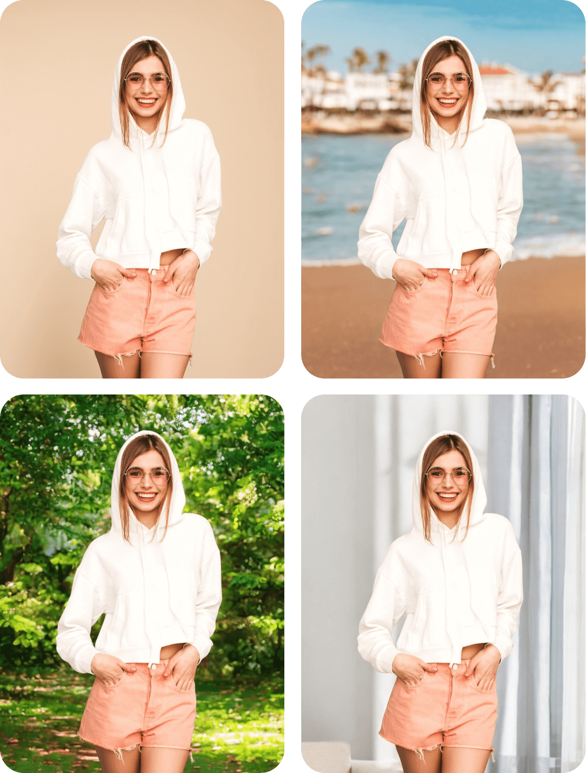 A collage featuring a model wearing a white hoodie and pink shorts, set against four different backgrounds: a minimalist light-colored backdrop, a seaside scene with beach and waves, a forest setting with green trees and sunlight, and an interior space with white curtains and home decor